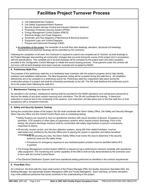 Nasa Process Checklists Facilities Projec