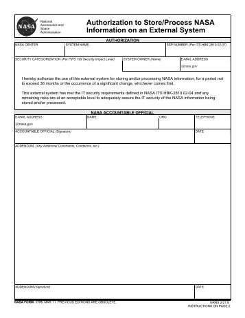 Authorization to Store/Process NASA Information on an External ...