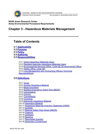 Hazardous Materials Management Table of Contents - NASA