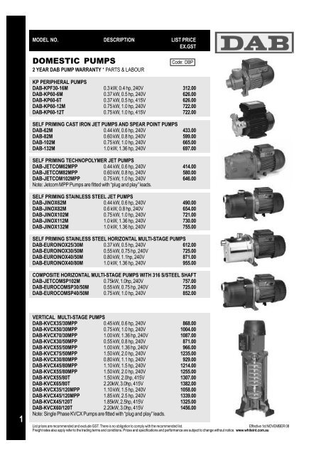 PUMPS PRICELIST Nov 2008 BW.p65 - Dab Pumps