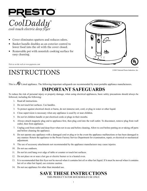 PRESTO CoolDaddy Cool Touch Deep Fryer Instruction Manual