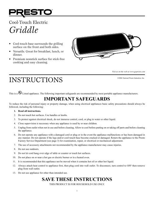 Electric Griddle Instructions How to Use Care and Cleaning - Presto
