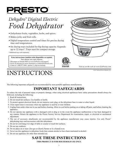 PrestoÂ® Dehydroâ„¢ Digital Electric Food Dehydrator Instruction