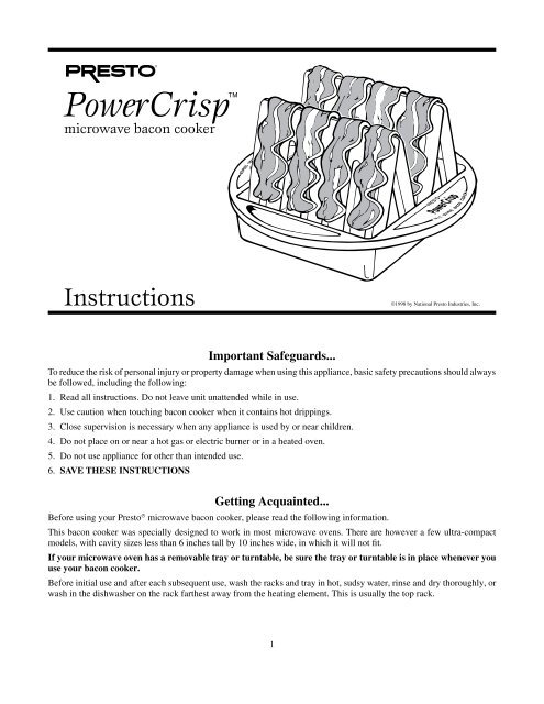 Presto A PowerCrispa microwave bacon cooker Instruction Manual