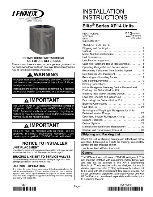 XP14 Heat Pump Installation Manual - Lennox