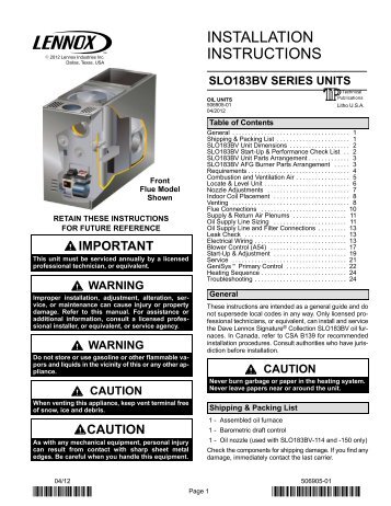 SLO183BV Oil Furnace Installation Manual - Lennox
