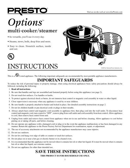 Instruction Manual for DualDaddy<sup>®</sup> electric deep fryers - Deep  Fryers - Presto®