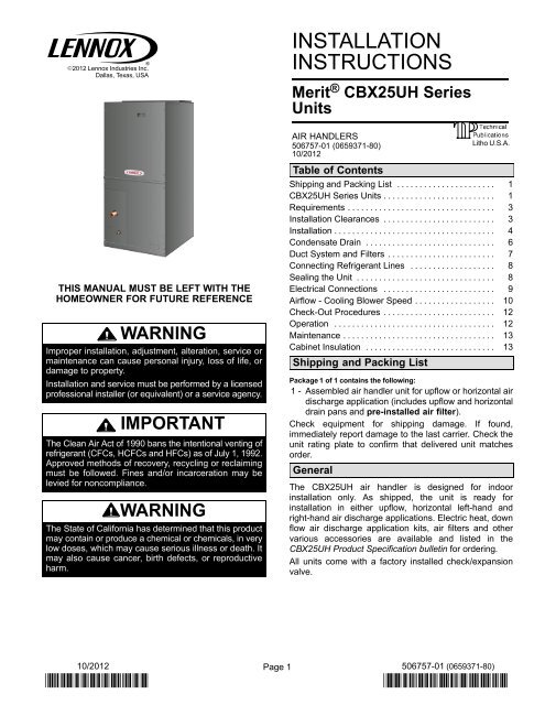 Cbx25uh Air Handler Installation Manual