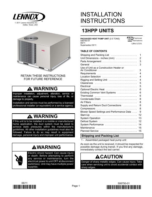 13HPP Packaged Unit Installation Manual - Lennox