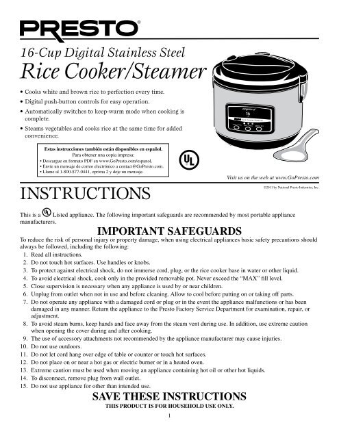 Presto 16-Cup Stainless Steel Rice Cooker with Non-Stick Cooking