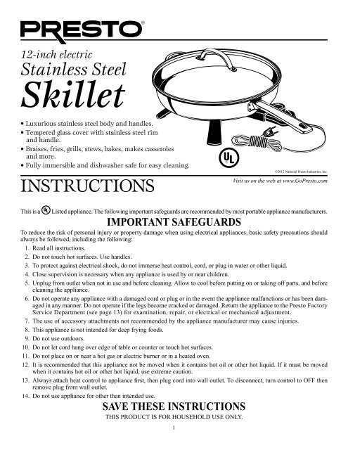 Presto Â® 12-inch Stainless Steel Electric Skillet Instruction Manual