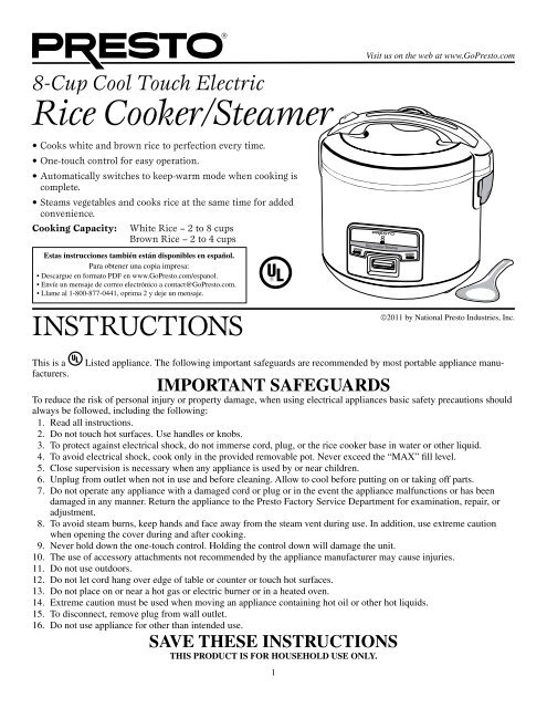 PrestoÂ® 8-Cup Cool Touch Electric Rice Cooker/Steamer Instruction ...