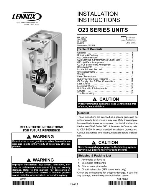 INSTALLATION INSTRUCTIONS - Lennox