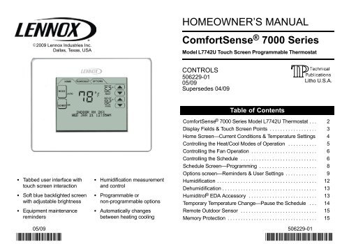 ComfortSense 7000 Thermostat Homeowners Manual - Lennox