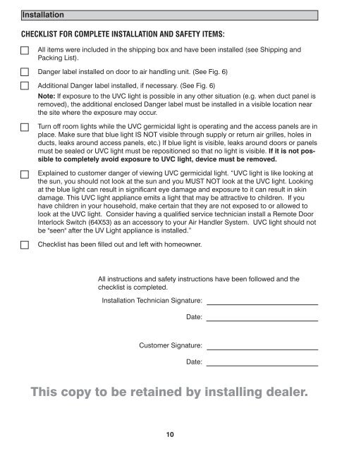 Germicidal Lights Manual - Lennox