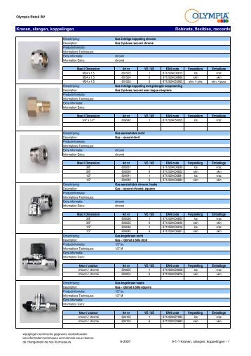 Kranen, slangen, koppelingen Robinets ... - Olympia Retail BV