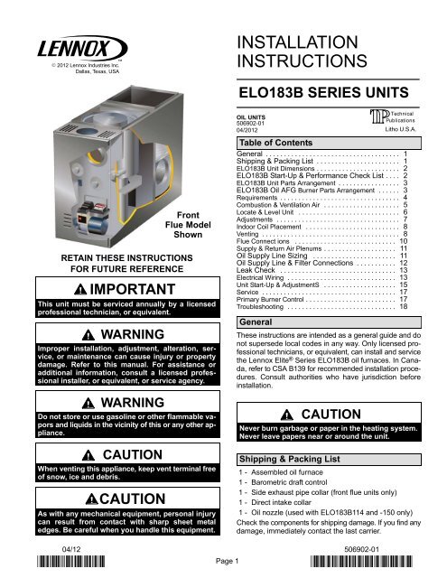 ELO183B Oil Furnace Installation Manual - Lennox