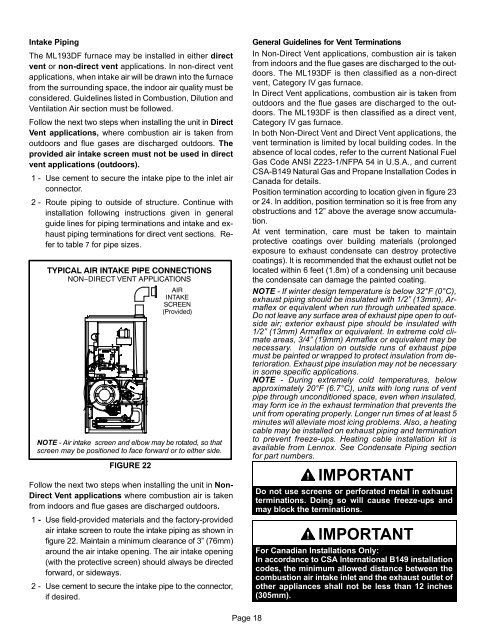 ML193DF Gas Furnace Installation Manual - Lennox