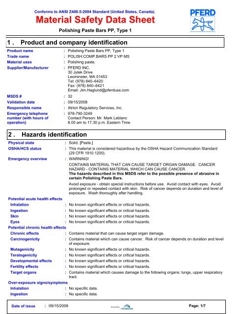 Material Safety Data Sheet - Pferd