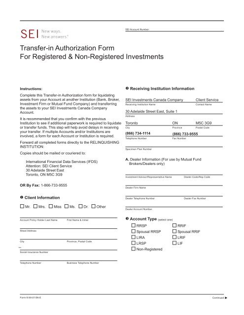 Transfer-in Authorization Form For Registered & Non ... - SEI