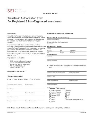 Transfer-in Authorization Form For Registered & Non ... - SEI