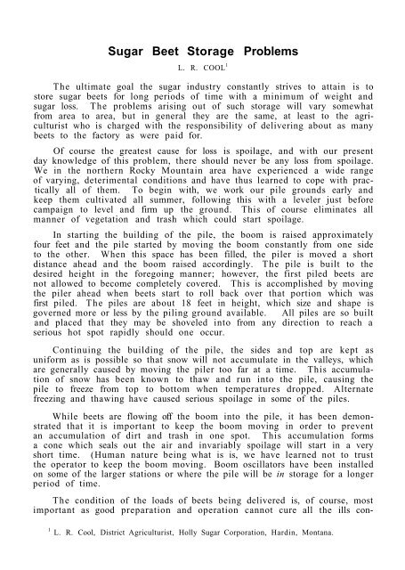 Sugar Beet Storage Problems - ASSBT Proceedings