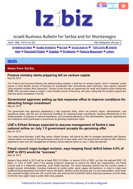 Israeli Business Bulletin for Serbia and for Montenegro