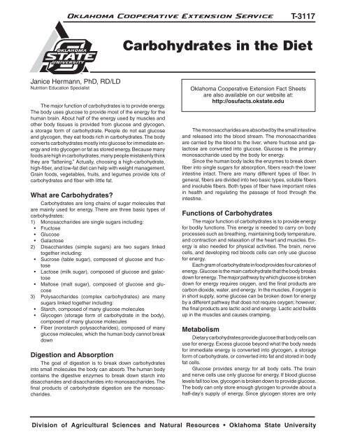 Carbohydrates In The Diet Osu Fact Sheets Oklahoma State Carbohydrates In The Diet Osu Fact Sheets Oklahoma State