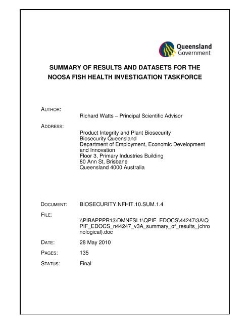 summary of results and datasets for the noosa fish health ...