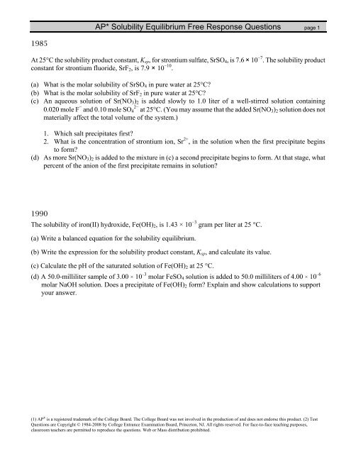 Solubility Equilibrium Fr Worksheet Mcpapchemistry