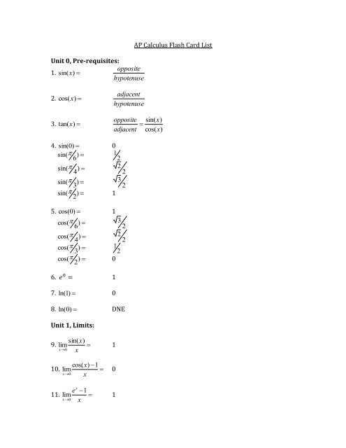 AP Calculus AB-BC Flash Card List - Trussville City Schools