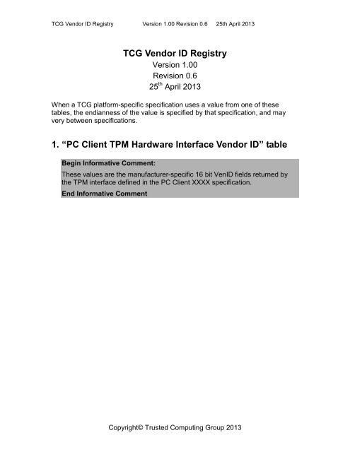 TCG Vendor ID Registry 1. - Trusted Computing Group
