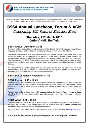 BSSA Annual Luncheon, Forum & AGM - British Stainless Steel ...