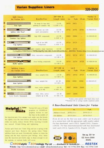 Varian Inlet Supplies - Restek 2000 - Chromtech.com.au