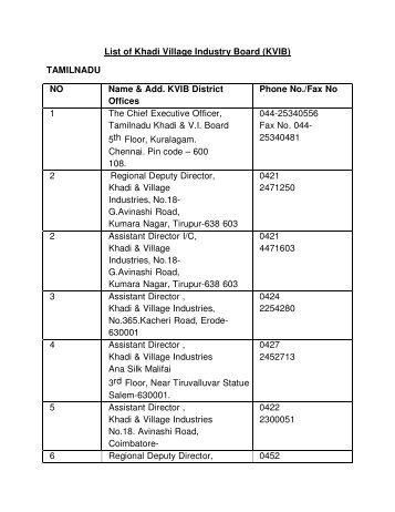 List of Khadi Village Industry Board (KVIB) TAMILNADU NO Name ...