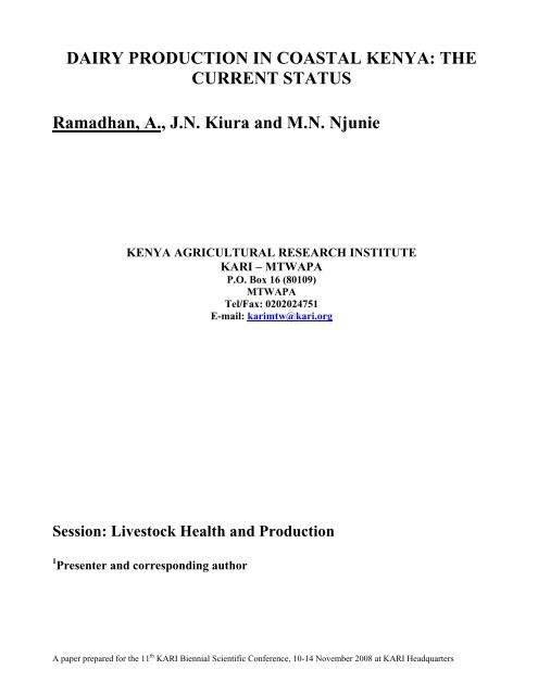 DAIRY PRODUCTION IN COASTAL KENYA: THE CURRENT ...