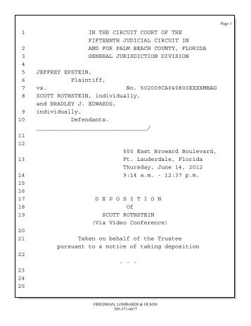 Deposition of Scott Rothstein re: Jeffrey Epstein - Trustee Services