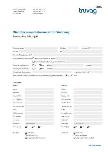 Mietinteressentenformular fÃ¼r Wohnung - Truvag Treuhand AG