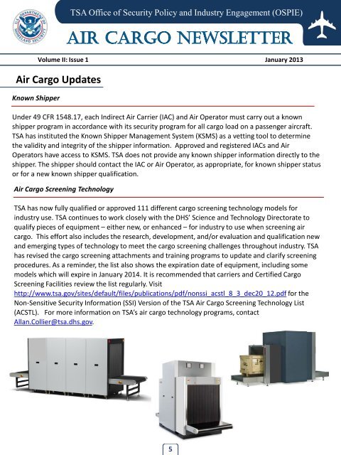 AIR CARGO NEWSLETTER - Transportation Security Administration