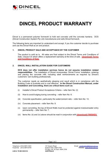 DINCEL PRODUCT WARRANTY - Dincel Construction System