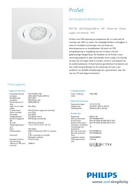 Productsheet Philips Proset Led RS111B LED6-40-/830