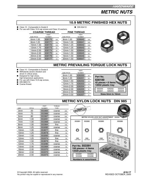 A16 - METRIC FASTENERS INDEX