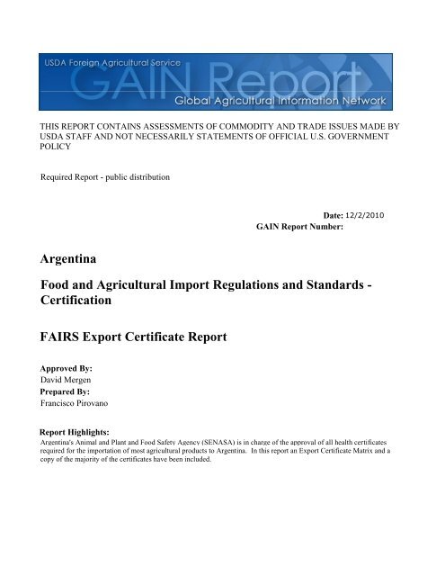 FAIRS Export Certificate Report Food and Agricultural Import ...