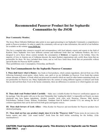 Recommended Passover Product list for Sephardic ... - JSOR