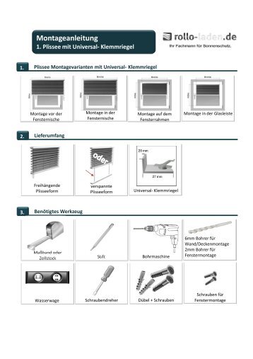 Montageanleitung Plissee mit Universal- Klemmriegel ... - rollo-laden