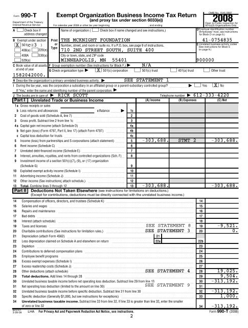 Exempt Organization Business Income Tax Return 990-T - McKnight ...
