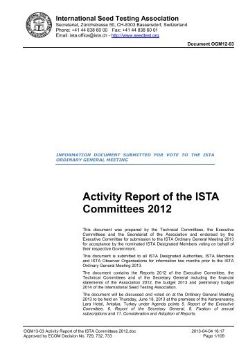 Activity Report of the ISTA Committees 2012 - International Seed ...