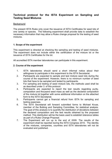 Technical protocol for the ISTA Experiment on Sampling and Testing ...