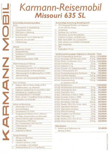 Preisliste Missouri 635 SL - bei Karmann Mobil