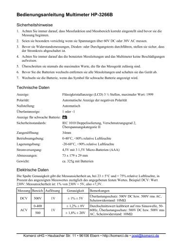 Bedienungsanleitung Multimeter HP-3266B - Komerci oHG